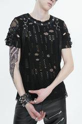 T-shirt punk pour homme avec design à demi-épaule creuse noire et lien